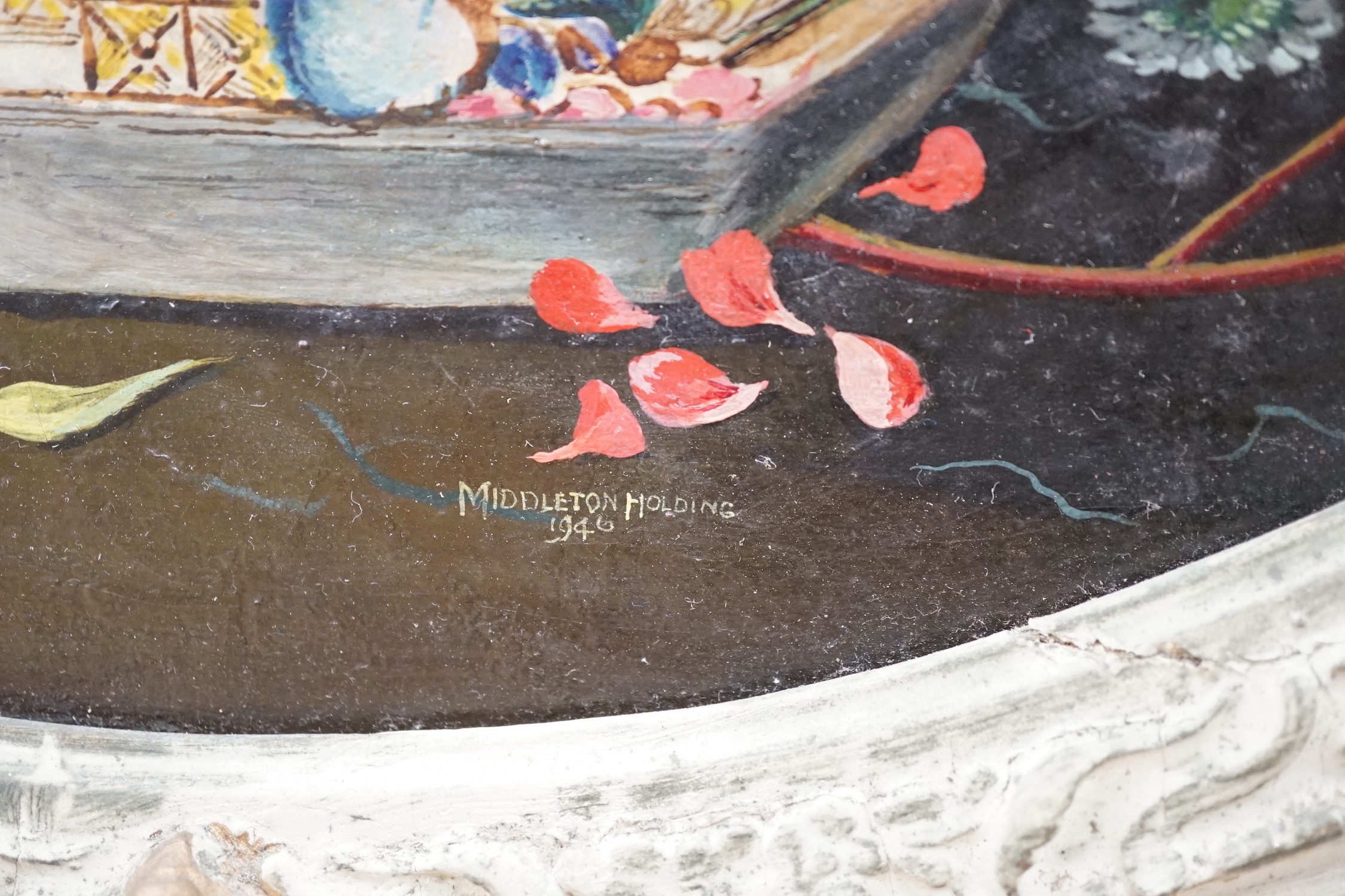 Middleton Holding, oil on canvas, Still life of flowers in a jug, signed and dated 1946, painted to the oval, 59 x 49cm